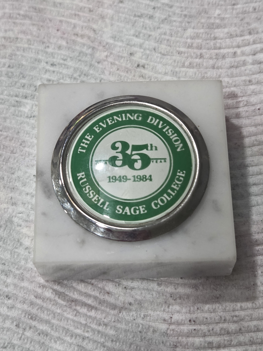COMMEMORATIVE MARBLE PAPERWEIGHT FROM RUSSEL SAGE COLLEGE 1949-1984